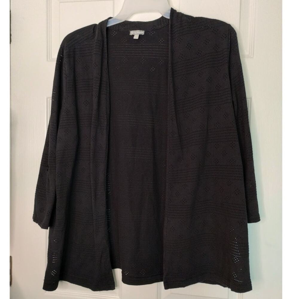 T by Talbots Size XL Black Eyelet Detail Roll Tab Open Front Cardigan 3/4 Sleeve